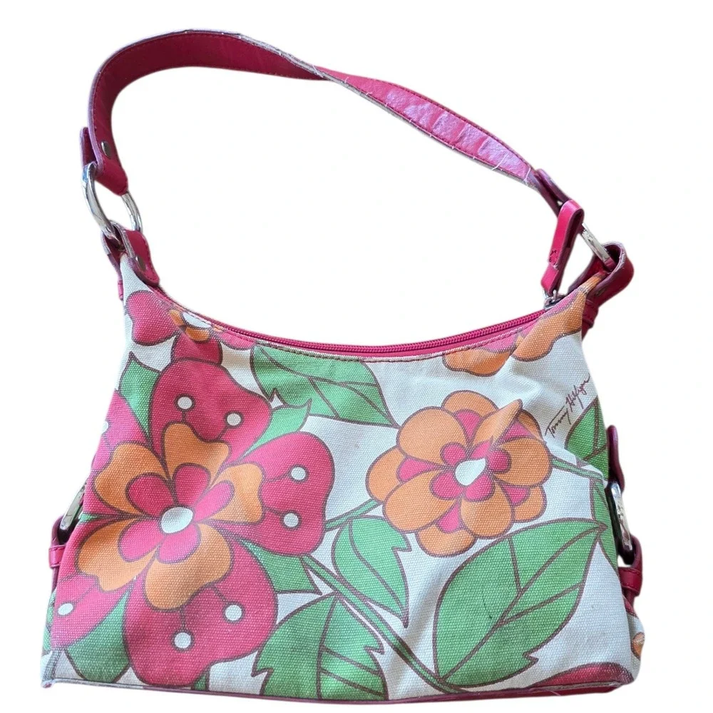 Tommy Hilfiger Floral Print Canvas Shoulder Bag Y2K Purse Hobo